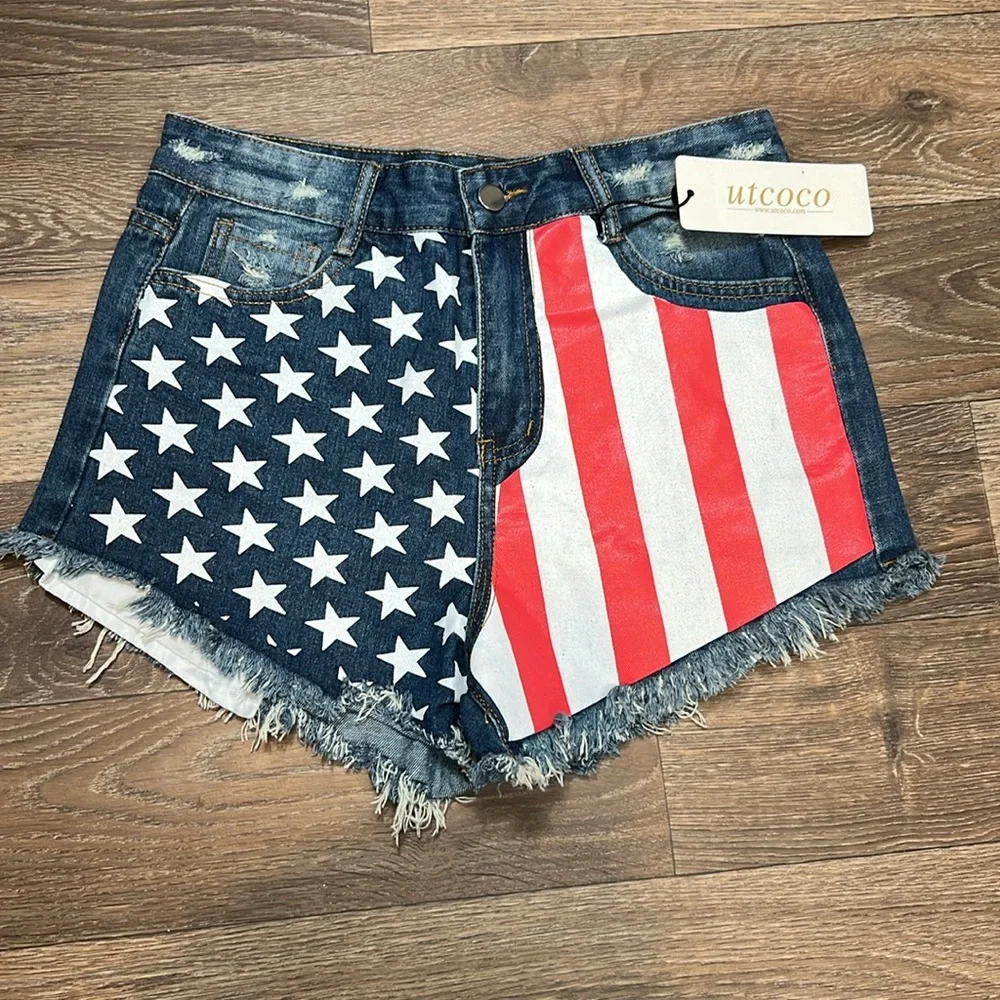 Women’s Distressed Shorts‎ Denim Cut Off USA Flag Accent ‘Merica Stars Stripes 8